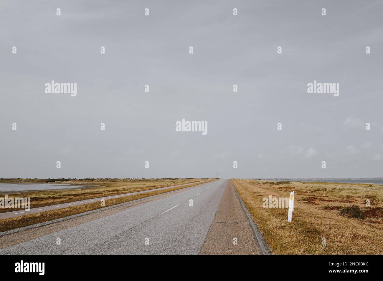 Orizzonte piatto e strada asfaltata infinita che non porta da nessuna parte. Agger Tange, Danimarca. Foto Stock