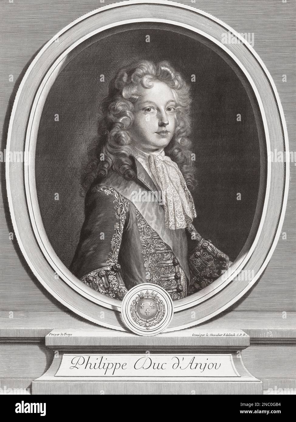 Filippo V (spagnolo: Felipe V) Re di Spagna, visto qui da adolescente quando era Duca di Angiò. Filippo V, 1683 - 1746. Dopo un'incisione di Gerard Edelinck da un dipinto di Francois de Troy Foto Stock