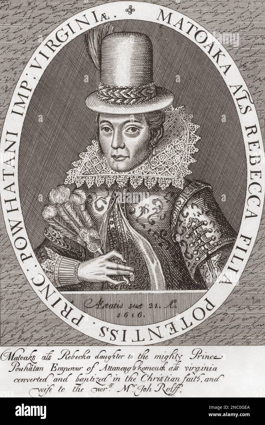 Pocahontas nato Matoaka, conosciuto come Amonute, c.1596 – 1617. Donna nativa americana associata con l'insediamento coloniale a Jamestown, Virginia. Sposò il colono inglese John Rolfe. Morì a Gravesend, nel 1617, durante un viaggio in Inghilterra. Si dice che abbia salvato il colono capitano John Smith dalla morte quando ha interceduto per lui con suo padre, Powhatan, un capo indigeno locale. Dopo un'opera del 18th° secolo di Reinier Vinkeles. Foto Stock