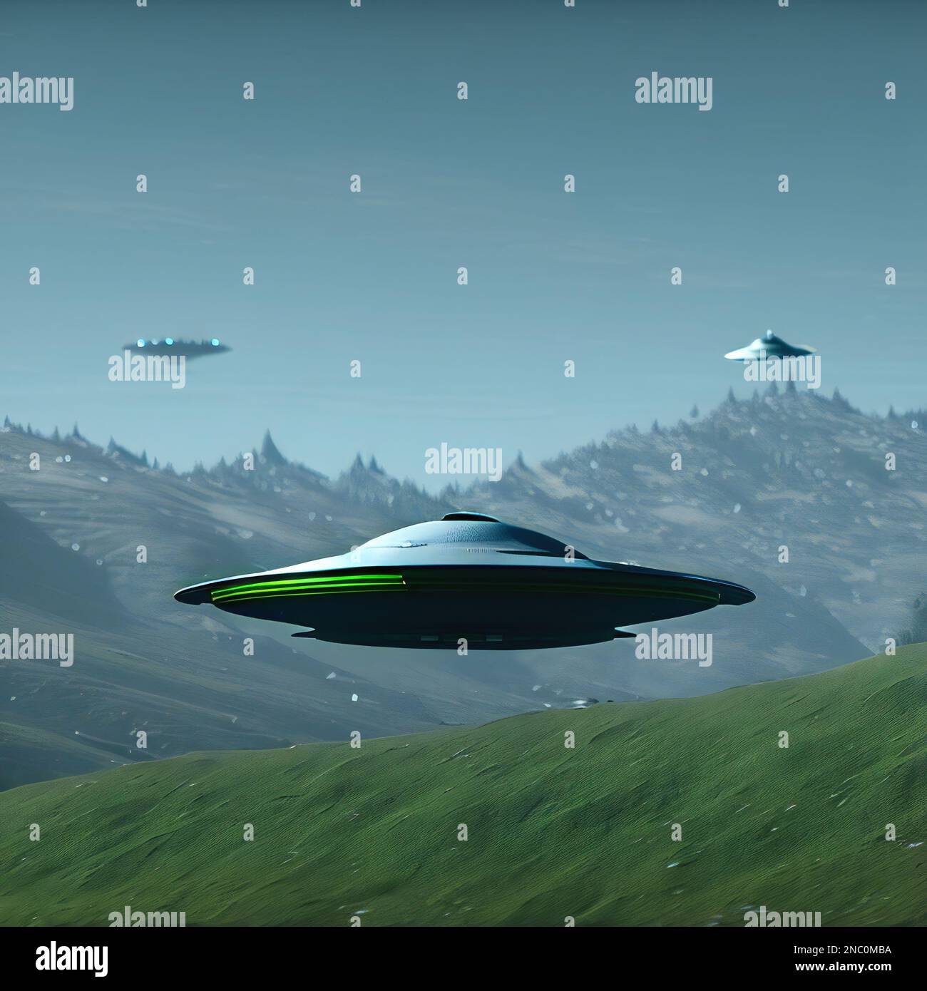 UFO's Flying Over Meadows and Mountains, Illustrazione Foto Stock