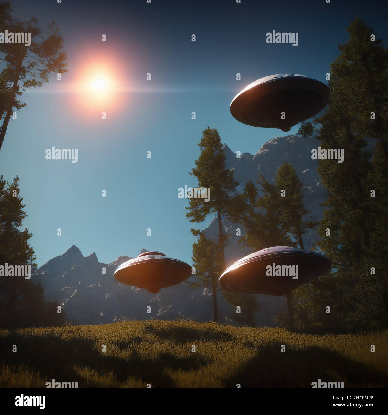 Tre piattini volanti in visita di un pianeta simile alla Terra, Illustrazione Foto Stock