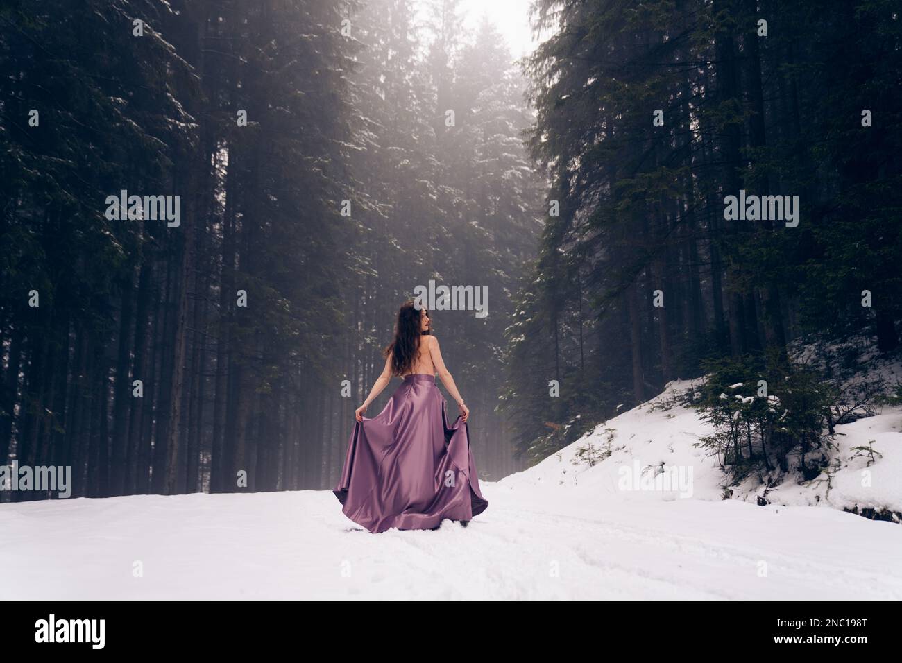 Una parte posteriore di una donna in un vestito di raso viola contro il paesaggio invernale, sentiero boschivo nevoso Foto Stock