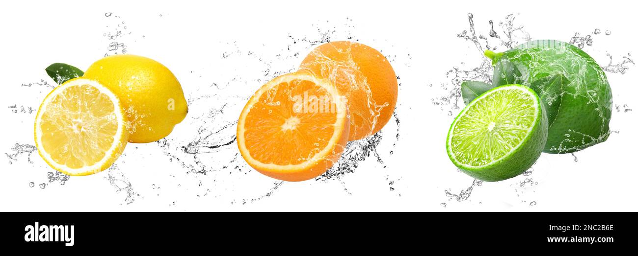 Fresh Fruits Render grafico con spruzzi d'acqua su sfondo bianco isolato per la cucina | limone, arancia e lime Foto Stock