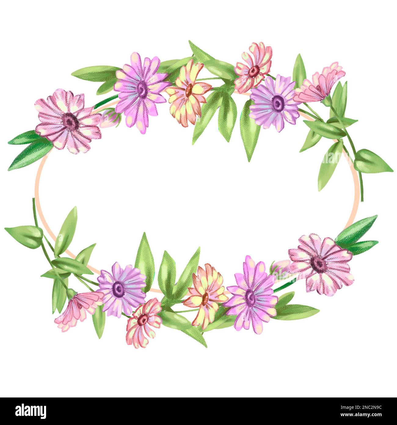 Illustrazione di una cornice fatta di fiori e foglie rosa. Illustrazione di alta qualità Foto Stock