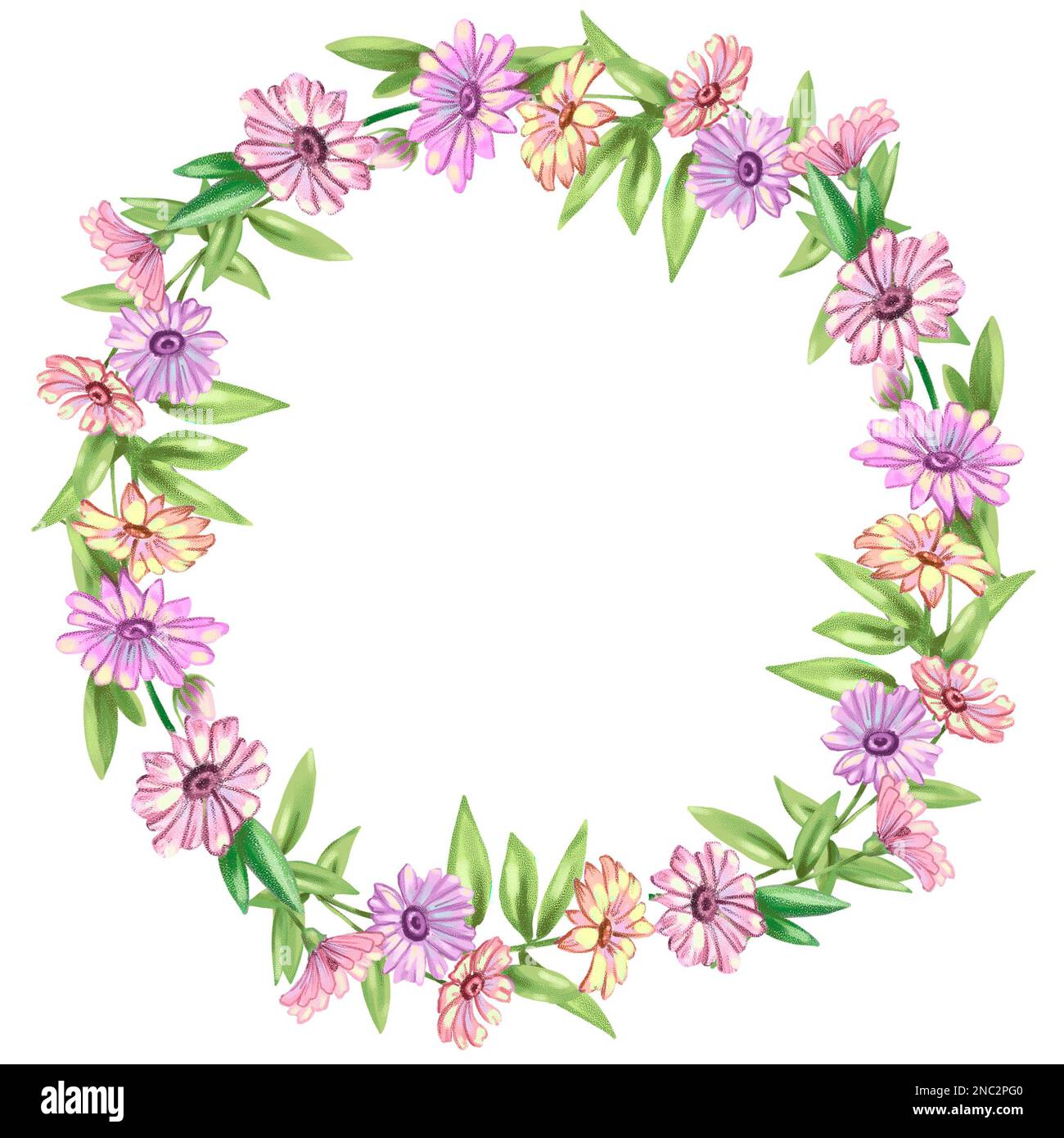 Illustrazione di una cornice fatta di fiori e foglie rosa. Illustrazione di alta qualità Foto Stock