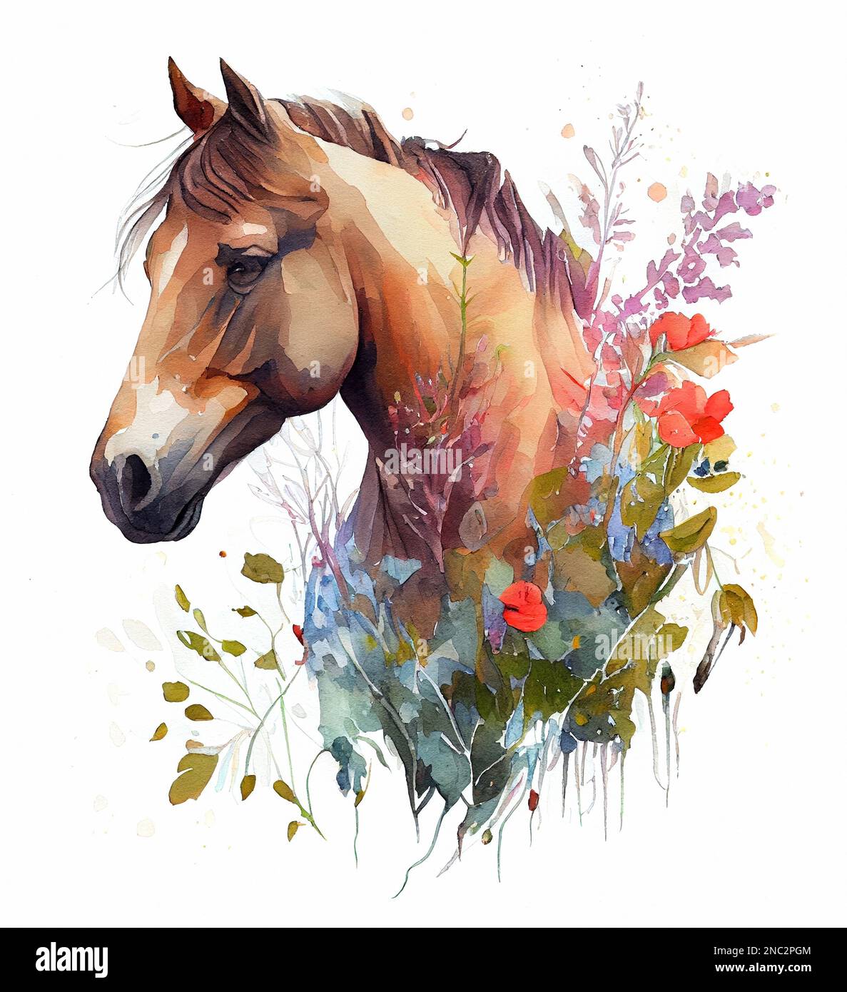 Ritratto di cavallo con fiori dipinto a mano acquerello illustrazione Farm Foto Stock Ritratto di cavallo con fiori dipinto a mano acquerello illustrazione Farm Foto Stock