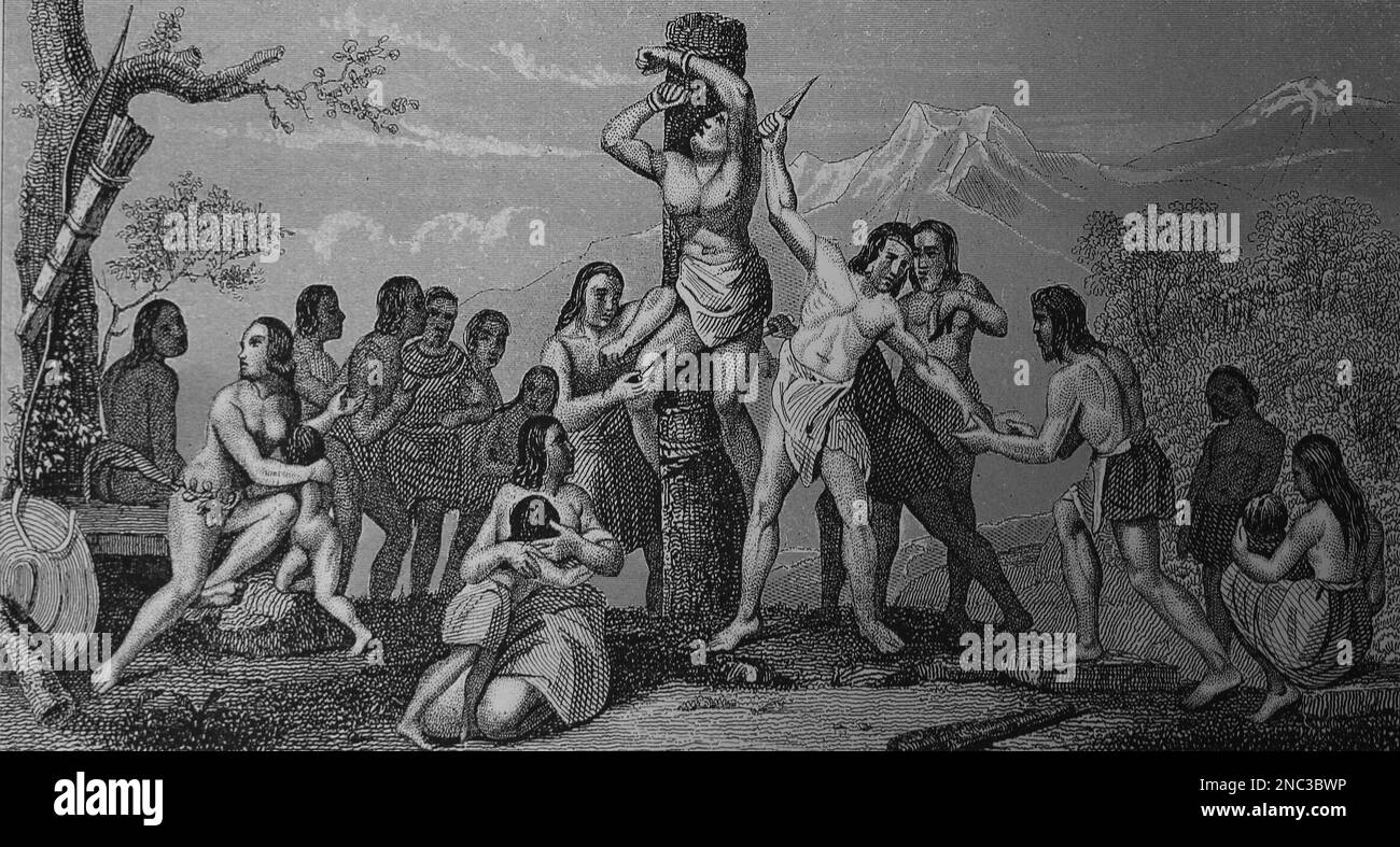 Sud America. Brasile. Popolo Tuinamba. Esecuzione di prigionieri di guerra. Incisione, 19th ° secolo. Foto Stock