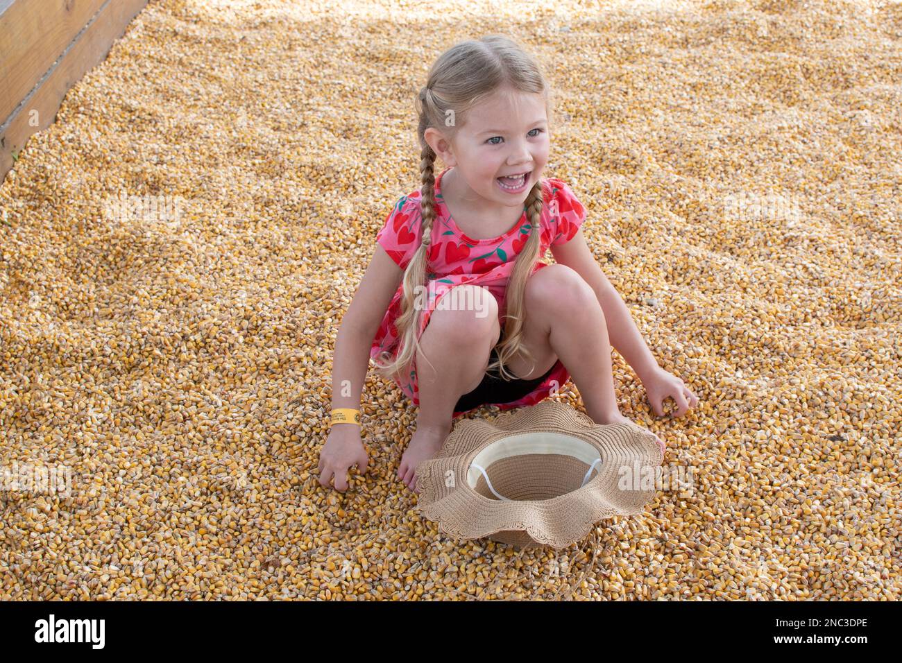 Bambina che gioca in una fossa di grano nella fattoria Foto Stock