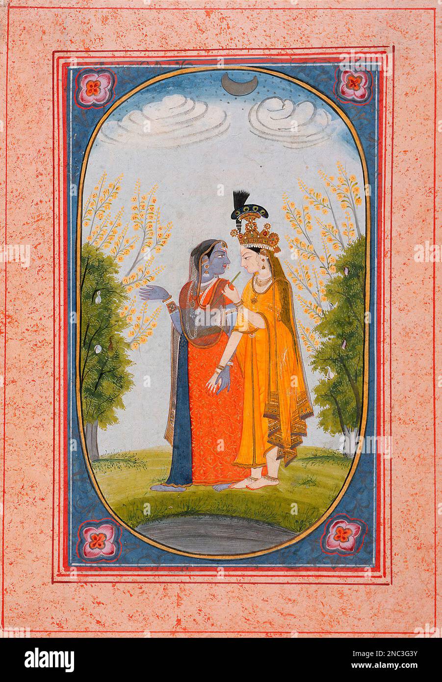 Krishna e Radha, artista sconosciuto, acquerello opaco e oro su carta, 1800-25 Foto Stock