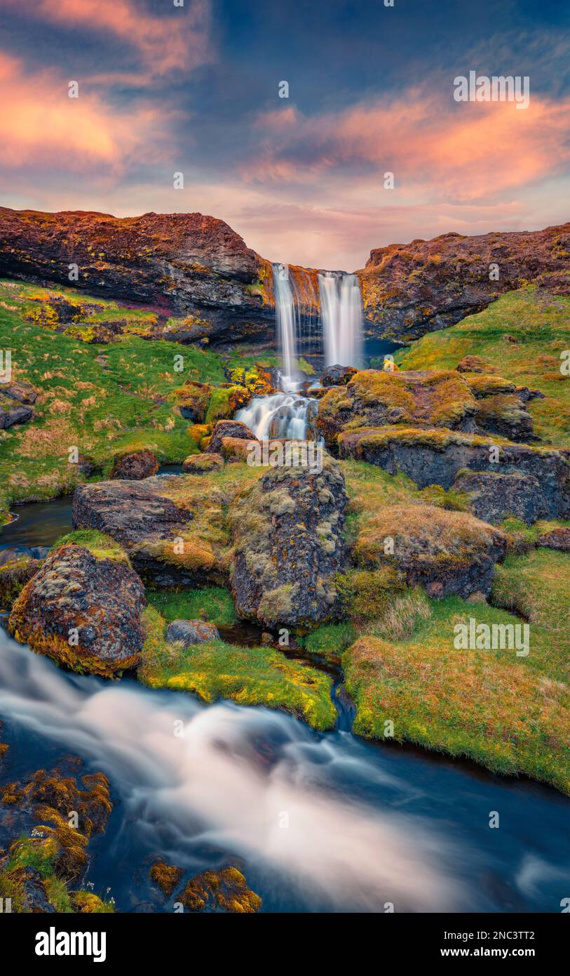 Splendido scenario estivo. Alba estiva mozzafiato sulla cascata delle pecore. Straordinaria scena mattutina dell'Islanda, Europa. Bellezza della natura concetto b Foto Stock