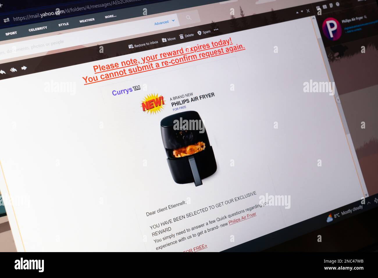 Una falsa e-mail di phishing Currys da parte di truffatori che offrono un essiccatore d'aria Philips, Inghilterra. Concetto: E-mail fraudolente, e-mail fraudolente, e-mail truffa, frodi nel Regno Unito Foto Stock