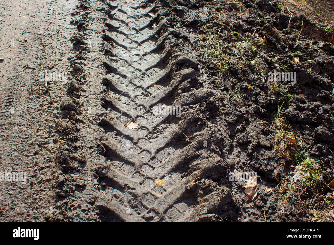 Segni delle ruote di un carrello sullo sporco. Strada rotta. Foto Stock