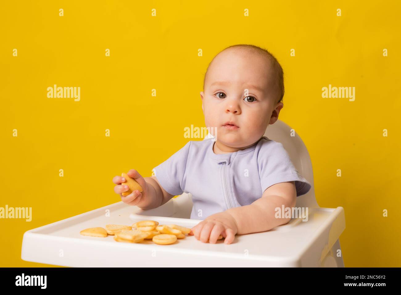 un bambino cute sta sedendosi nella sedia del bambino che mangia i biscotti. Sfondo giallo. Pappe per bambini, spazio per il testo. Foto di alta qualità Foto Stock