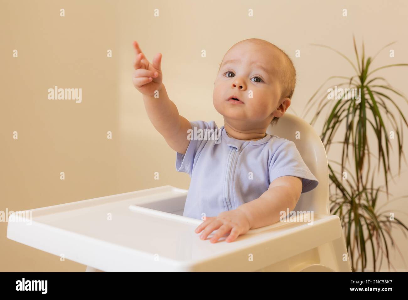 un bambino cute sta sedendosi in una sedia del bambino nel paese nella cucina. Pappe per bambini, spazio per il testo. Foto di alta qualità Foto Stock