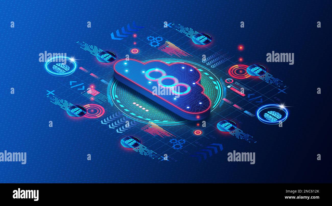 Machine Learning Operations Concept - MLOps - settore di apprendimento automatico incentrato sul portare I modelli ML in produzione - Digital Cloud circondato da dati e. Foto Stock