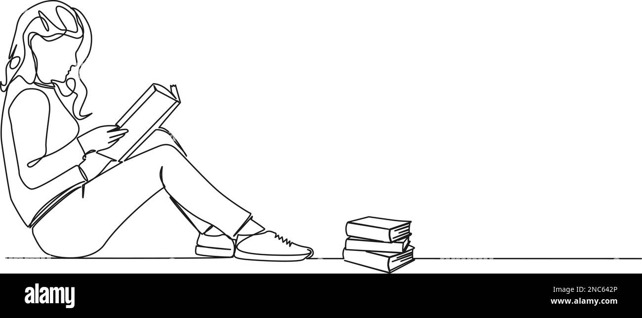 disegno continuo a linea singola di una donna seduta sul pavimento che legge un libro, disegno vettoriale di arte di linea Illustrazione Vettoriale