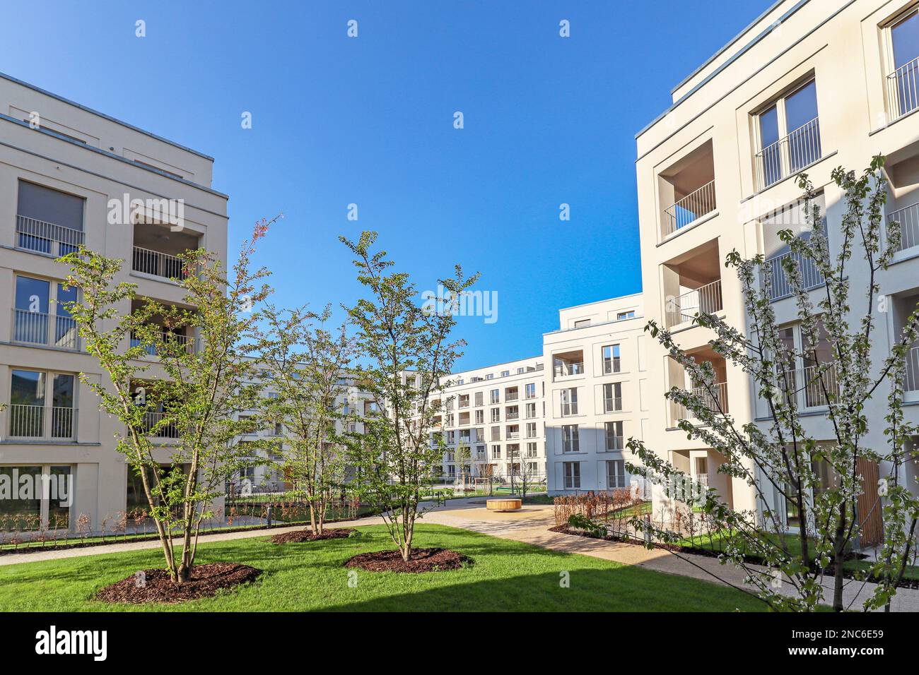 Paesaggio urbano di una zona residenziale con moderni edifici di appartamenti, nuovo paesaggio urbano verde in città Foto Stock