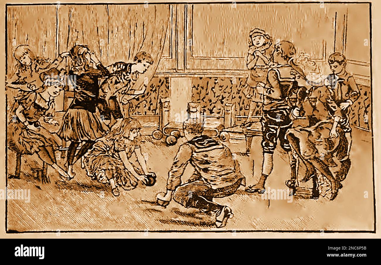 Una vecchia incisione del 19th ° secolo che mostra i bambini vittoriani giocare ciotole tappeto Foto Stock