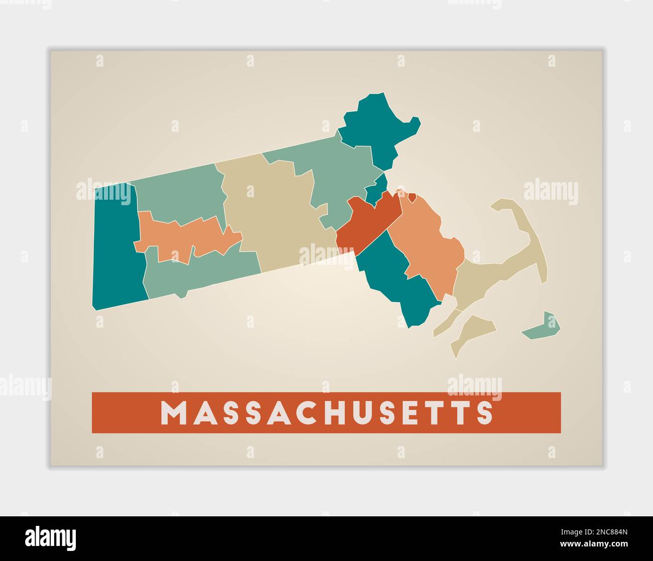 Poster del Massachusetts. Mappa dello stato degli Stati Uniti con regioni colorate. Forma del Massachusetts con il nome dello stato degli Stati Uniti. Incredibile illustrazione vettoriale. Illustrazione Vettoriale