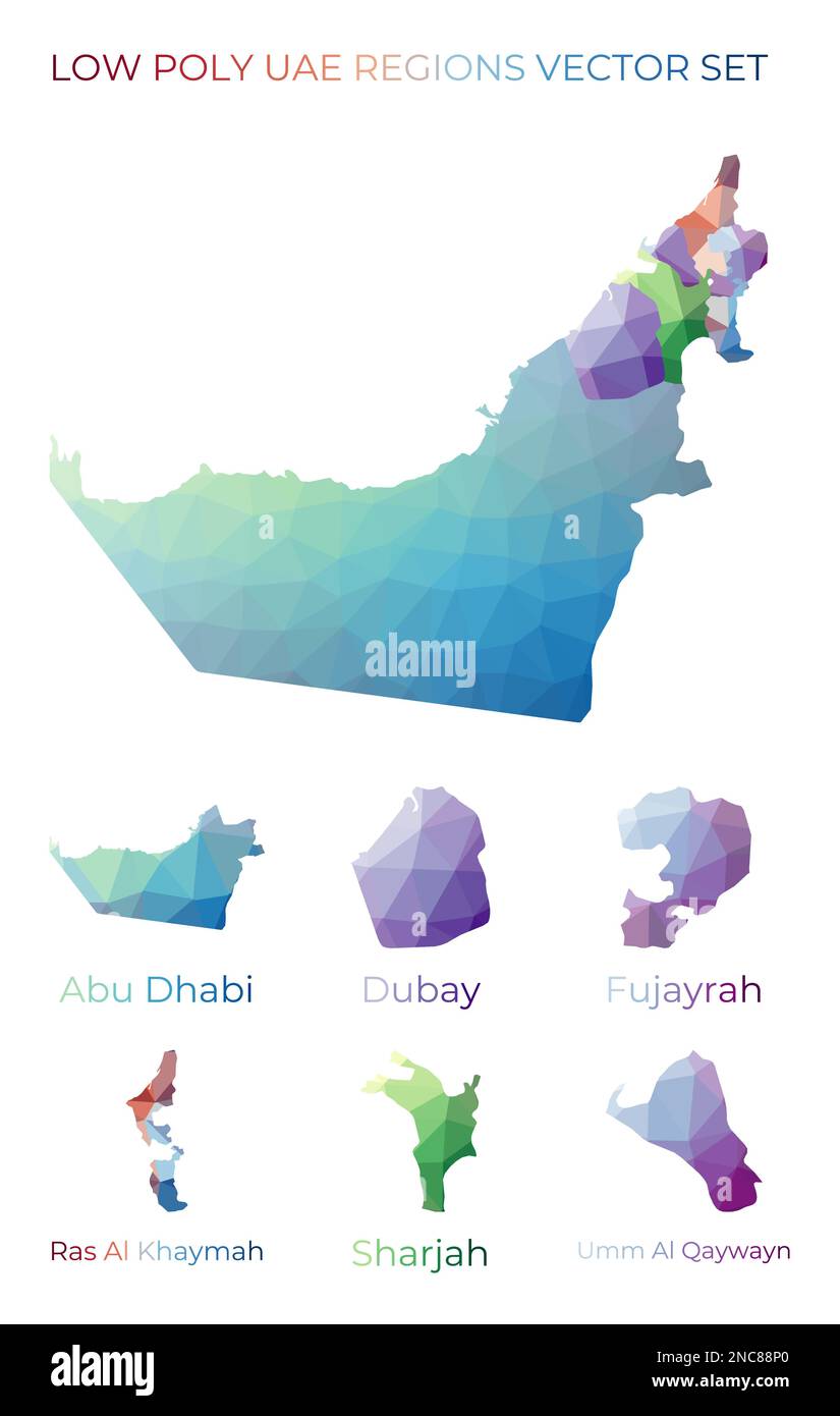 Regioni polimiriche basse. Mappa poligonale degli Emirati Arabi Uniti con regioni. Mappe geometriche per il progetto. Illustrazione vettoriale di classe. Illustrazione Vettoriale