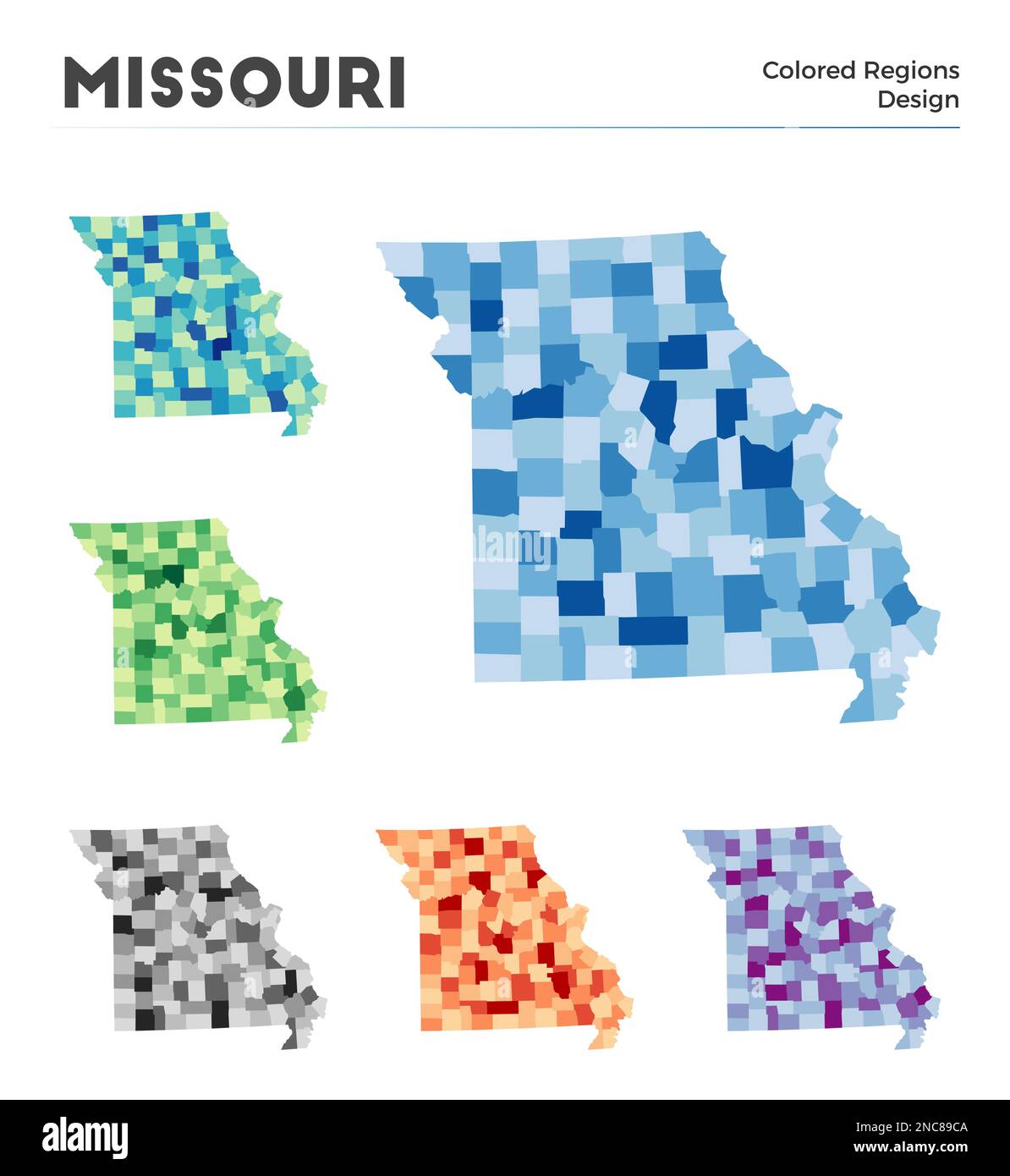 Collezione di mappe del Missouri. Borders of Missouri per la tua infografica. Regioni a colori degli Stati Uniti. Illustrazione vettoriale. Illustrazione Vettoriale