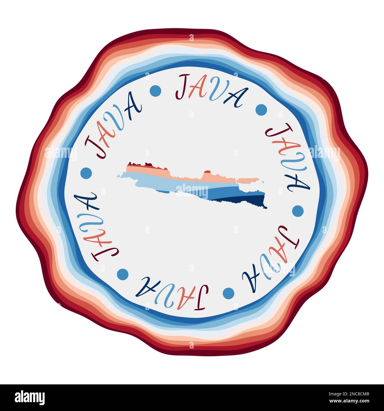 Badge Java. Mappa dell'isola con splendide onde geometriche e vibrante cornice rosso-blu. Logo Java rotondo brillante. Illustrazione vettoriale. Illustrazione Vettoriale