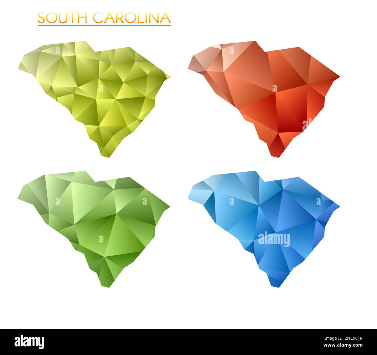 Insieme di mappe poligonali vettoriali della Carolina del Sud. Mappa a gradiente luminoso dello stato degli Stati Uniti in stile poly basso. Illustrazione Vettoriale