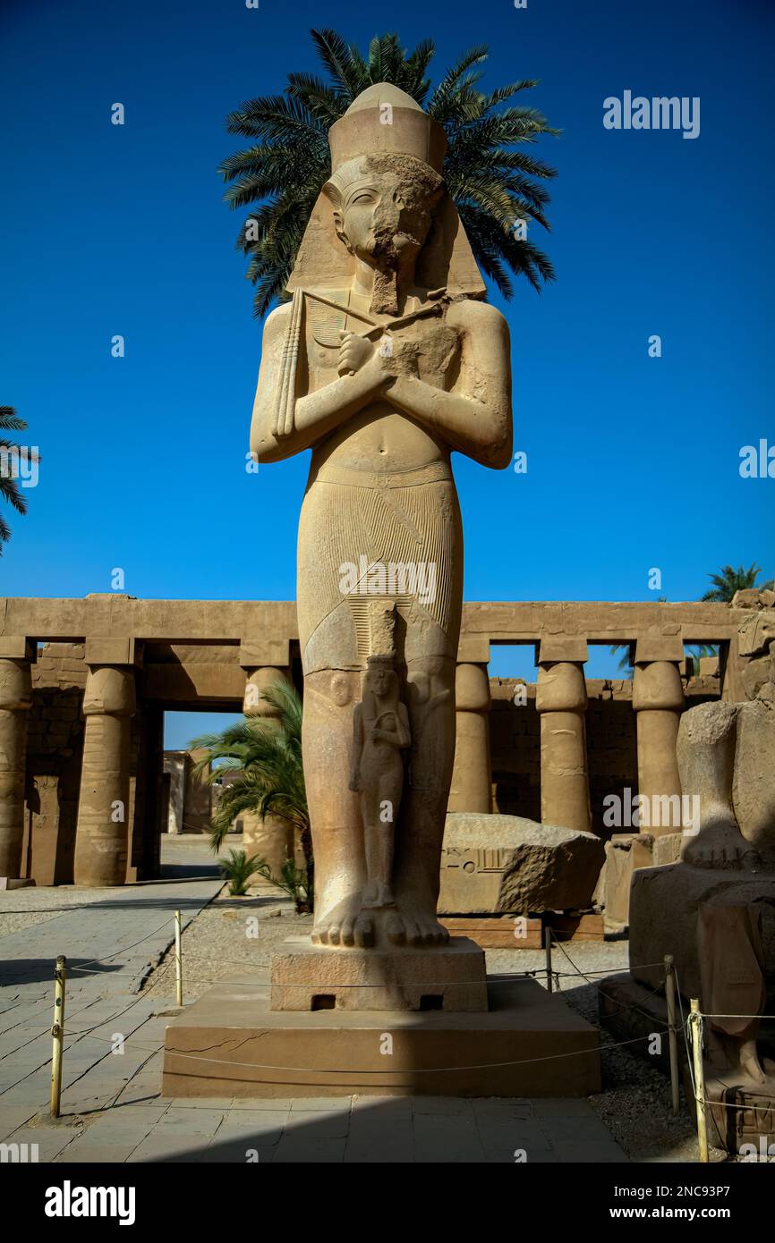 Luxor, Egitto. Il complesso del Tempio di Karnak, comunemente noto come Karnak, comprende un vasto mix di templi decadenti, qui si trova la colossale statua di Ramses II Foto Stock