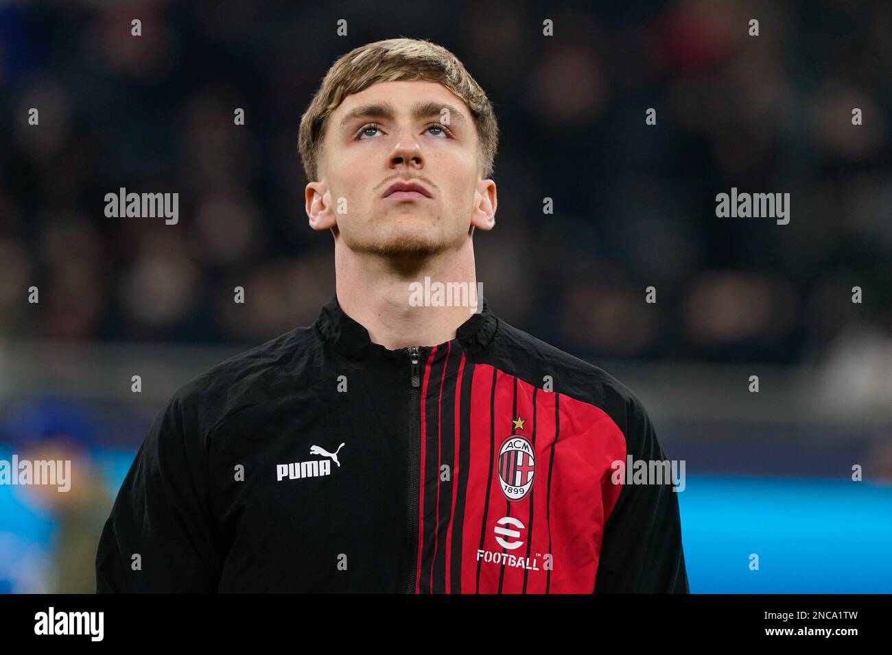 Milano, Italia. 14 febbraio 2023, Alexis Saelemaekers (AC Milan) durante la UEFA Champions League, Round of 16, 1st LEG Football Match tra AC Milan e Tottenham Hotspur il 14 febbraio 2023 allo stadio San Siro di Milano. Foto Luca Rossini Foto Stock