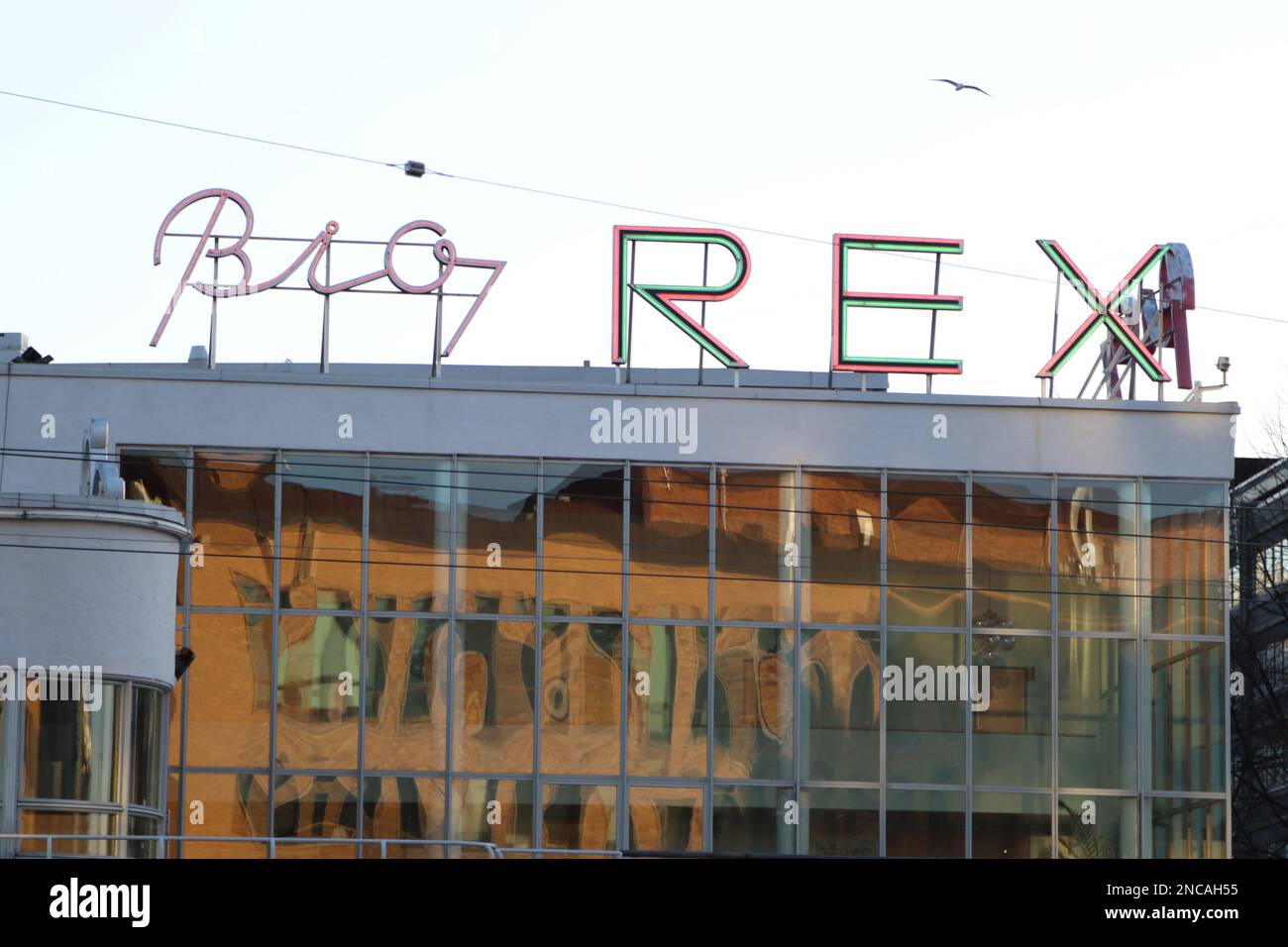 Centro di Helsinki, Finlandia, ingresso al Museo Amos Rex, cartello, edificio funzionalista, finestra di riflessione, Bio Rex a Lasipalatsi Foto Stock