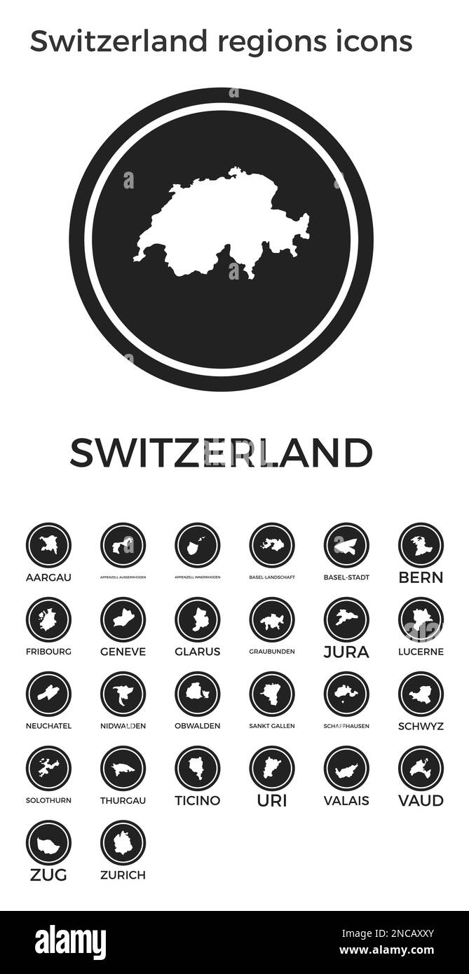 Icone delle regioni svizzere. Logo tondi neri con mappe e titoli delle regioni dei paesi. Illustrazione vettoriale. Illustrazione Vettoriale
