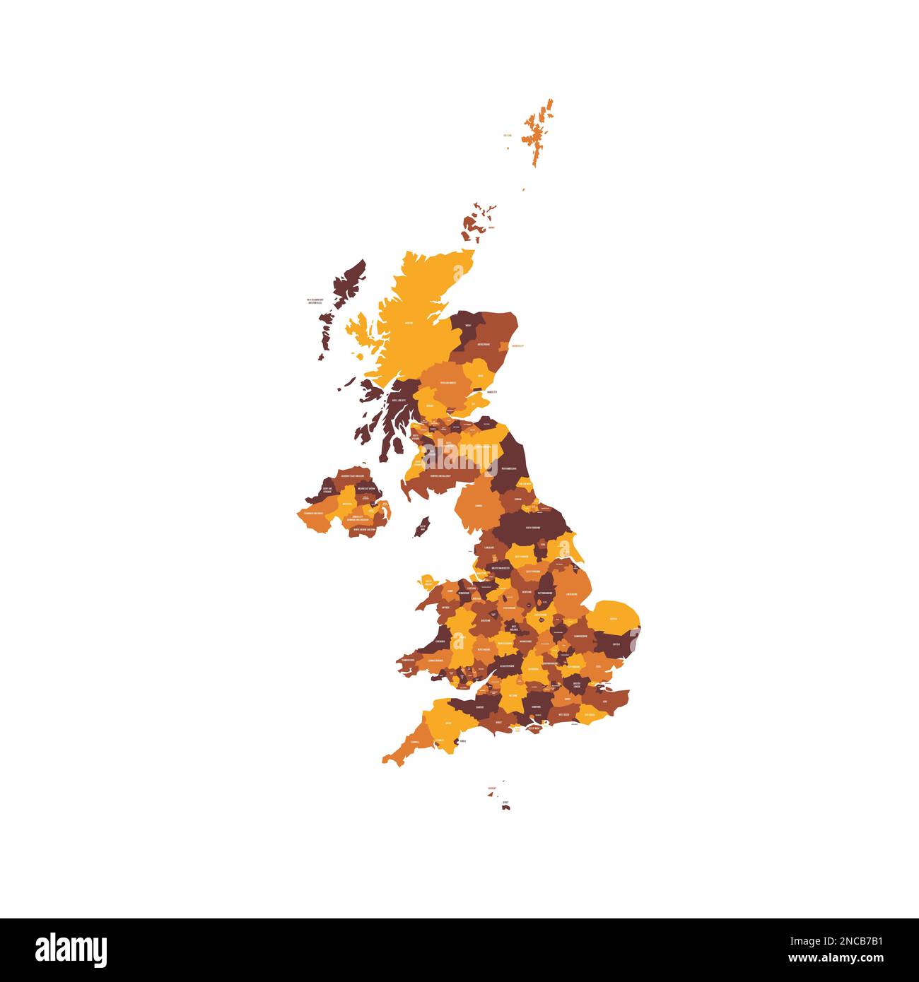 Regno Unito di Gran Bretagna e Irlanda del Nord Mappa politica delle divisioni amministrative: Contee, autorità unitarie e Greater London in Inghilterra, distretti dell'Irlanda del Nord, aree del consiglio della Scozia e contee, distretti e città del Galles. Mappa vettoriale piatta con etichette dei nomi. Schema colore marrone - arancione. Illustrazione Vettoriale