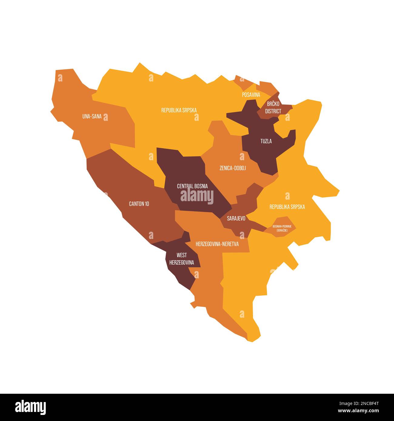 Bosnia-Erzegovina carta politica delle divisioni amministrative - Cantoni della Federazione di Bosnia-Erzegovina e Republika Srpska. Mappa vettoriale piatta con etichette dei nomi. Schema colore marrone - arancione. Illustrazione Vettoriale