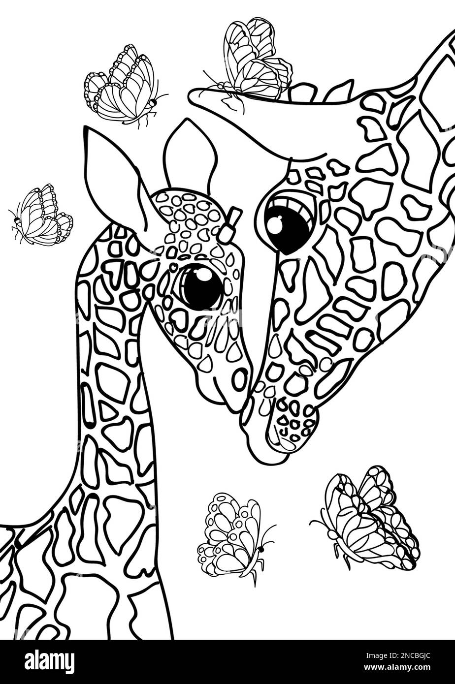 Carino giraffe e farfalle su sfondo bianco, illustrazione. Pagina da colorare Foto Stock