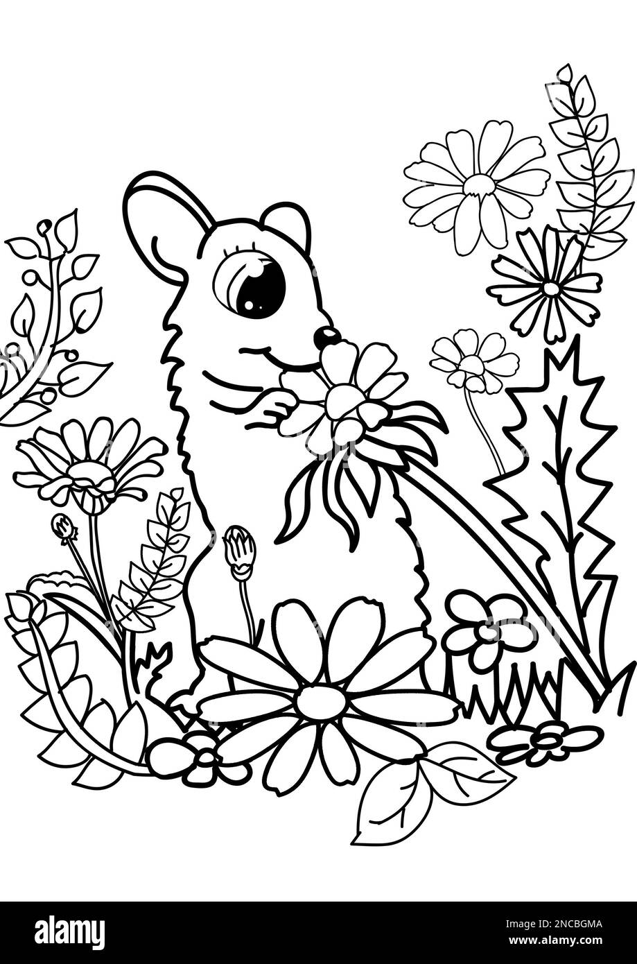 Carino mouse e fiori su sfondo bianco, illustrazione. Pagina da colorare Foto Stock