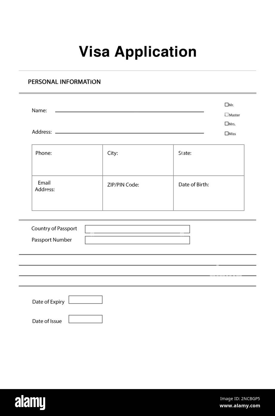 Modulo di richiesta di visto vuoto per l'immigrazione, illustrazione Foto Stock