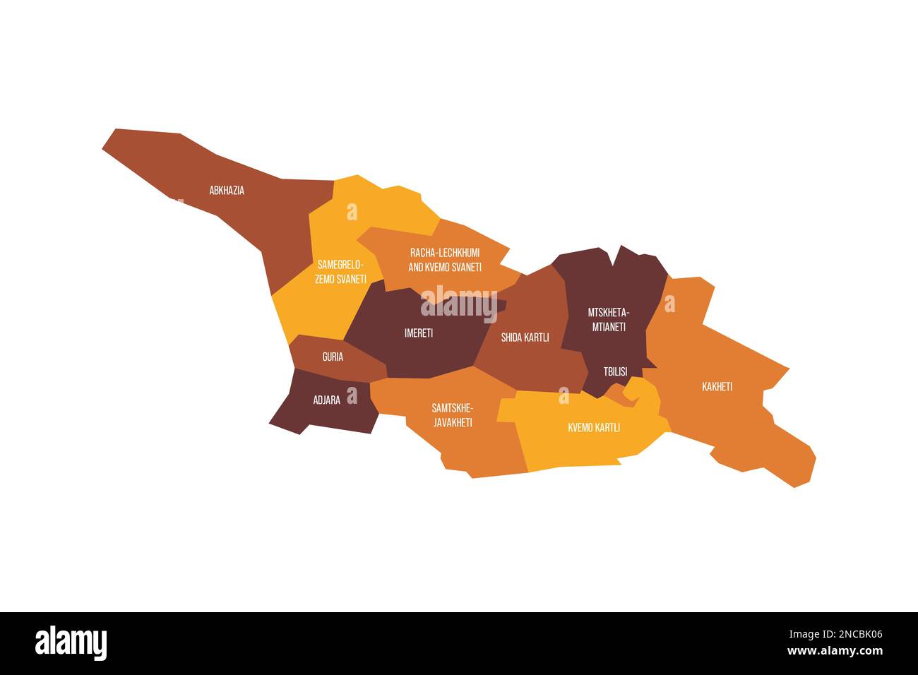 Georgia carta politica delle divisioni amministrative - regioni e repubbliche autonome di Abkhasia e Adjara. Mappa vettoriale piatta con etichette dei nomi. Schema colore marrone - arancione. Illustrazione Vettoriale