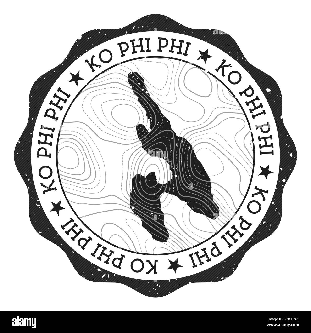 Francobollo per esterni Ko Phi Phi. Adesivo rotondo con mappa con isolinee topografiche. Illustrazione vettoriale. Illustrazione Vettoriale
