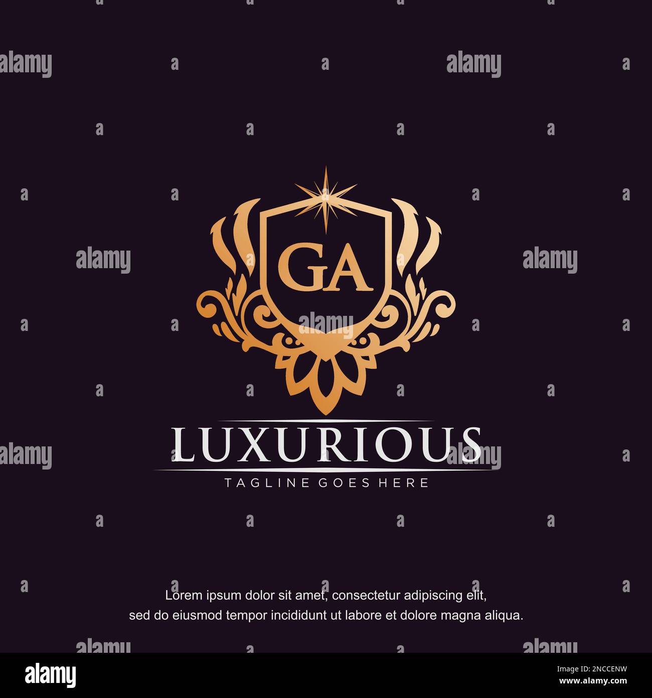 GA lettera iniziale ornamento di lusso oro monogramma logo vettore modello. Illustrazione Vettoriale