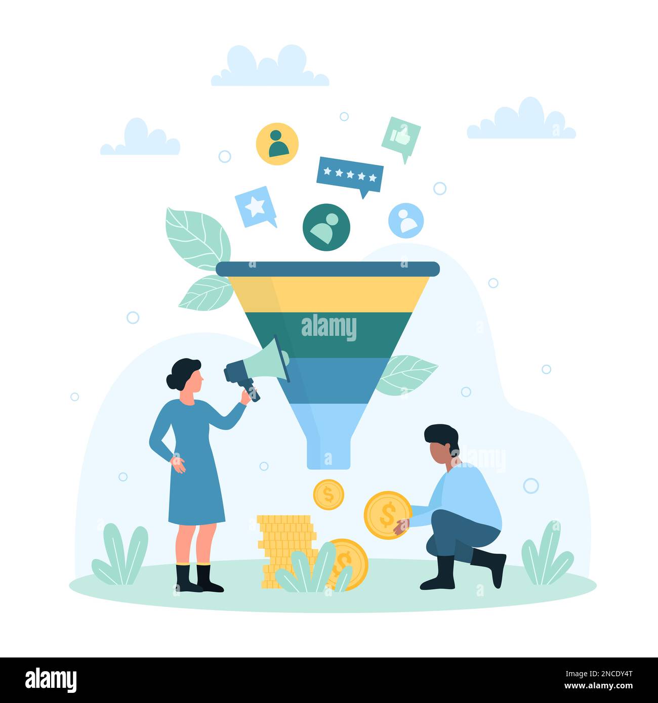 Imbuto di marketing, generazione di vendite e illustrazione vettoriale del processo di conversione. Cartoon le persone piccole lavorano sul flusso dei clienti, feedback positivo degli acquisti con megaphone nella campagna pubblicitaria Illustrazione Vettoriale