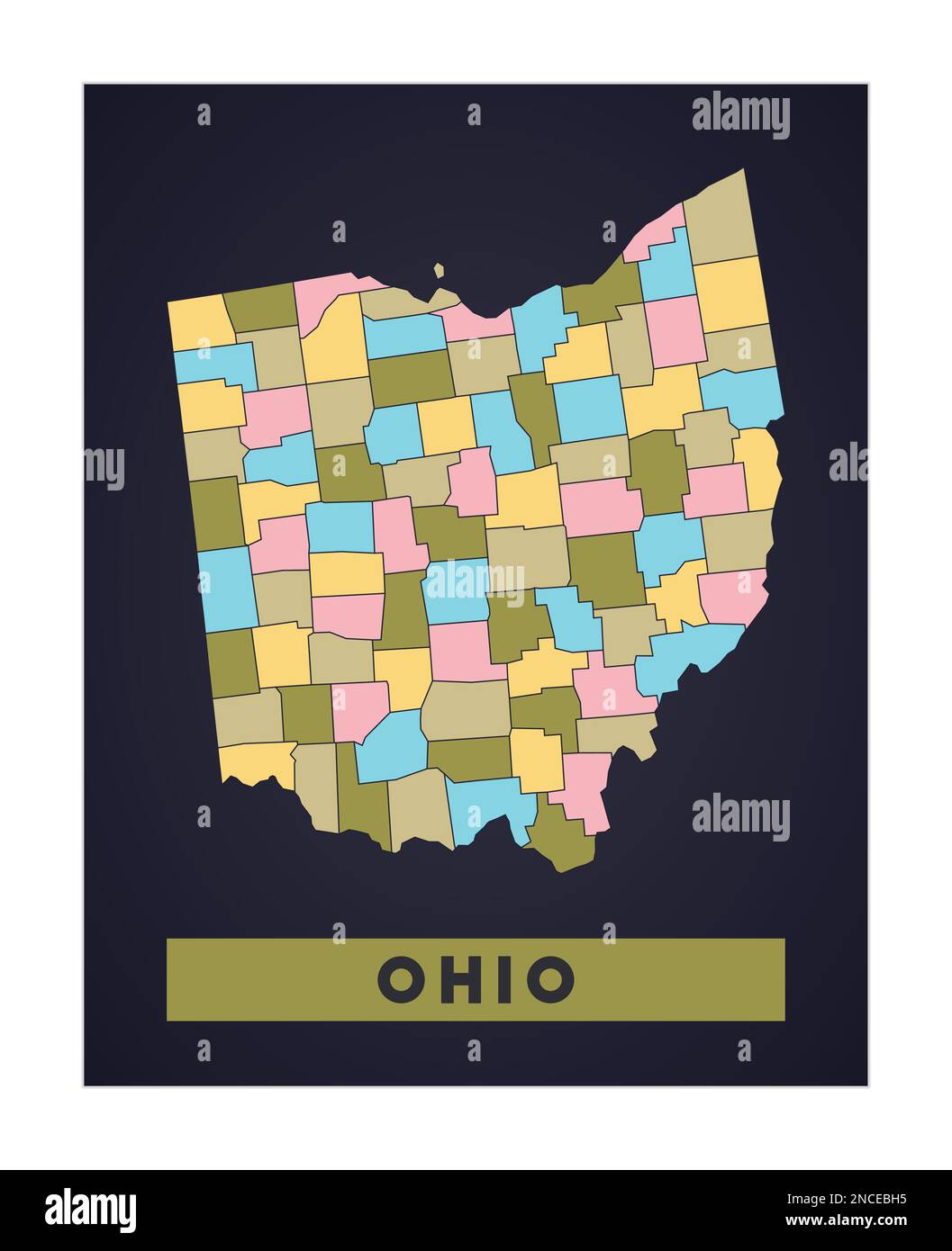 Mappa dell'Ohio. Poster dello stato DEGLI STATI UNITI con le regioni. Forma dell'Ohio con il nome dello stato degli Stati Uniti. Elegante illustrazione vettoriale. Illustrazione Vettoriale