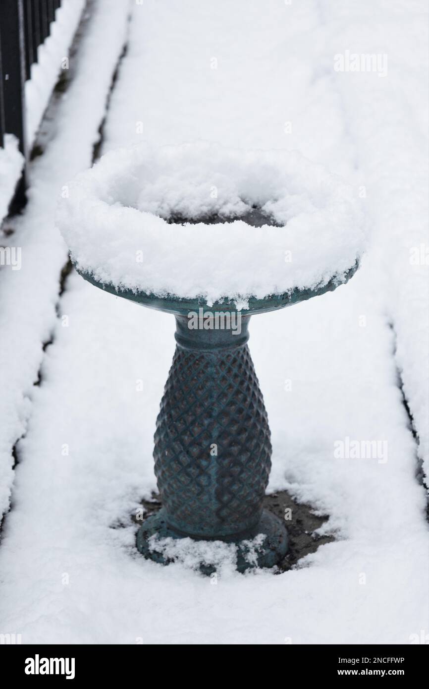 Un bagno di uccelli in un giardino coperto di neve. Foto Stock