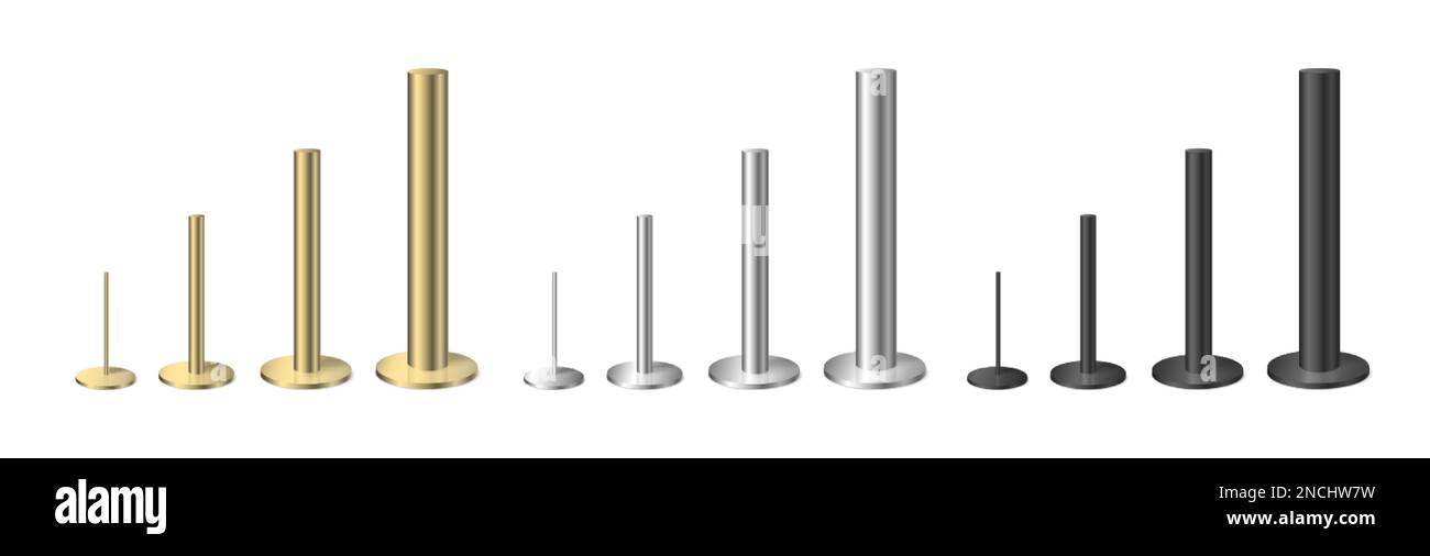 Set realistico di poli metallici d'argento dorato e neri di diversa dimensione, con illustrazione vettoriale isolata Illustrazione Vettoriale