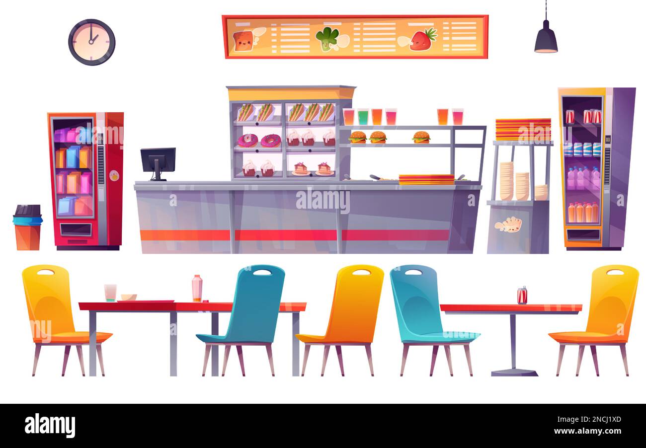 Caffetteria, mensa scolastica interna con cibo su scaffali, bancone, tavoli, sedie, frigo e distributore automatico. Mobili per caffè, ristorante o mensa ufficio, illustrazione vettoriale cartoni animati Illustrazione Vettoriale