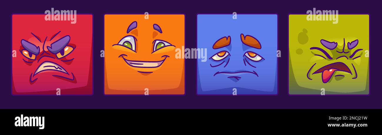Set di volto di mostro quadrato per avatar giocatore nel gioco. Fumetto emozione espressione su adesivi in vettore. Divertente collezione di clipart di personaggi alieni con umore felice, arrabbiato e sconvolto o triste, occhi e sopracciglia Illustrazione Vettoriale
