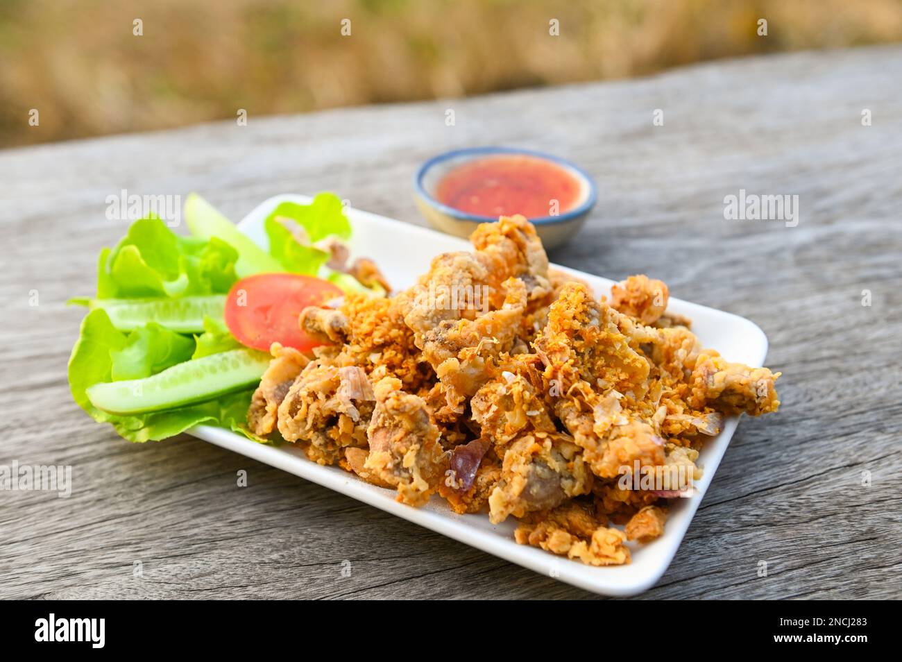 Intestino di maiale fritto con aglio con salsa sul piatto - frattaglie di maiale fritte cibo tailandese o snack Foto Stock