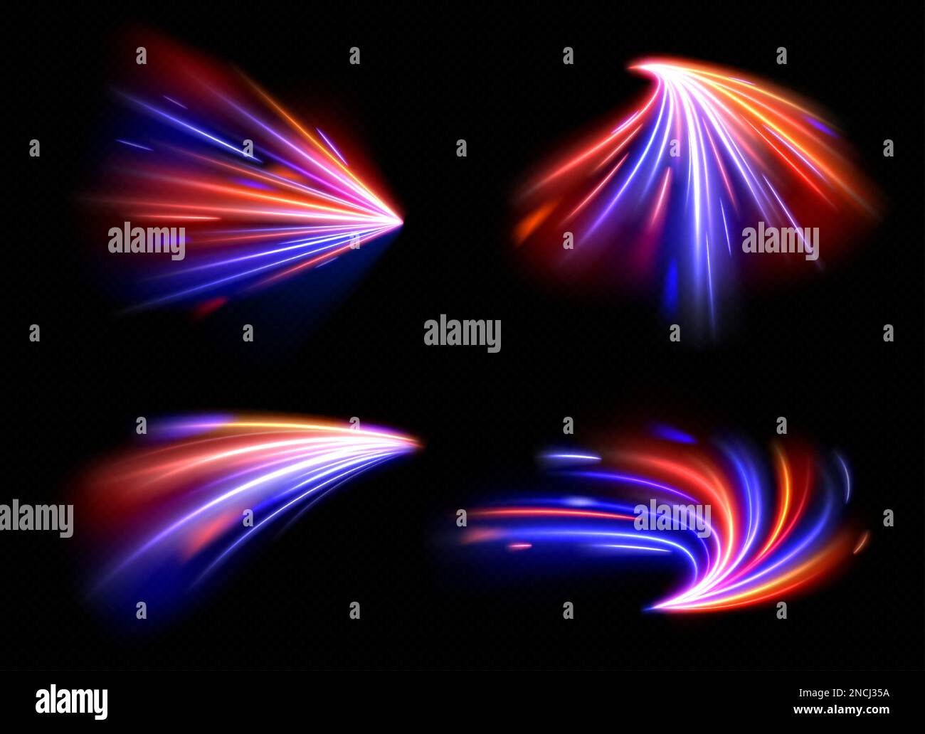 Set di vettori per effetto di movimento a esposizione lunga o velocità. Rosso e blu astratto bagliore flash luce linea veloce. Luce brillante al neon su sfondo nero. Illustrazione del gradiente luminoso del traffico notturno. Illustrazione Vettoriale
