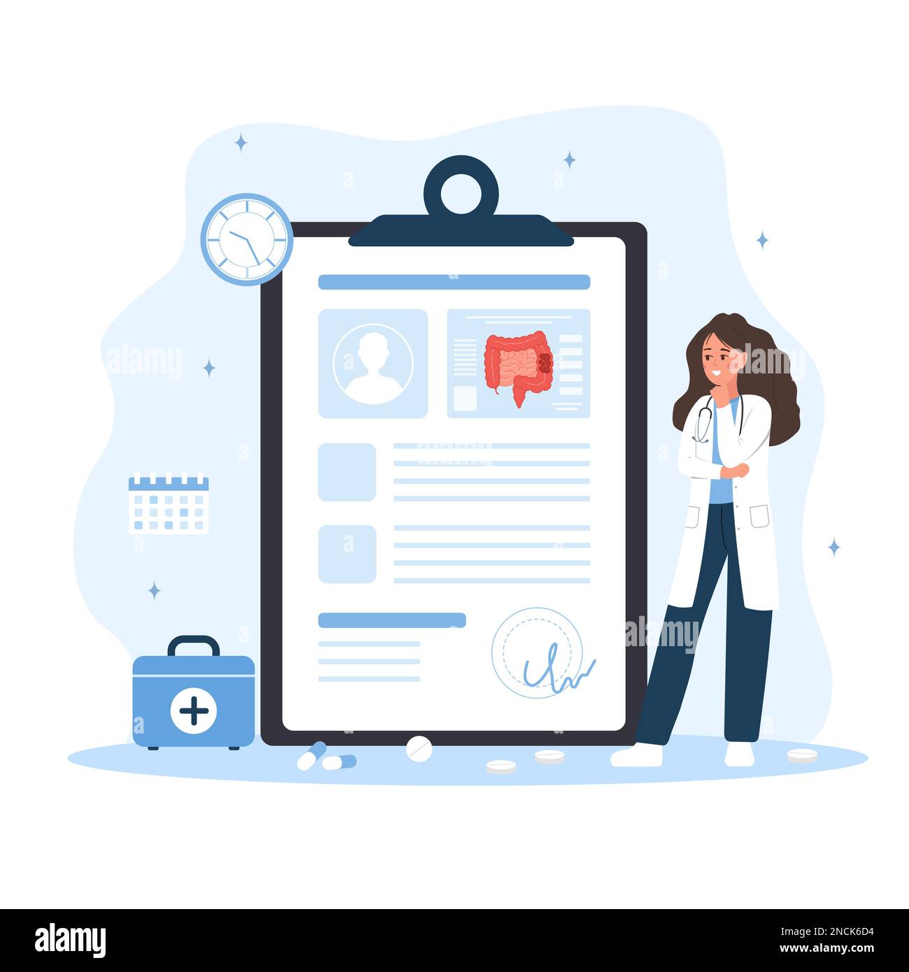 Concetto di proctologo. Medico di sesso femminile fare la diagnosi e scegliere i metodi di trattamento. Donna in laboratorio di analisi del cappotto intestino. Prevenzione del cancro. Vettore Illustrazione Vettoriale