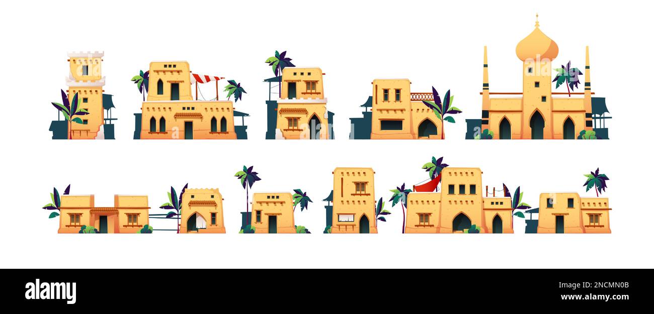Case di sabbia. Cartoon vecchia architettura arabica di mattoni di fango, tradizionali edifici residenziali mediorientale con palme e moschea musulmana. Set piatto vettoriale. Strada con costruzioni, punto di riferimento Illustrazione Vettoriale