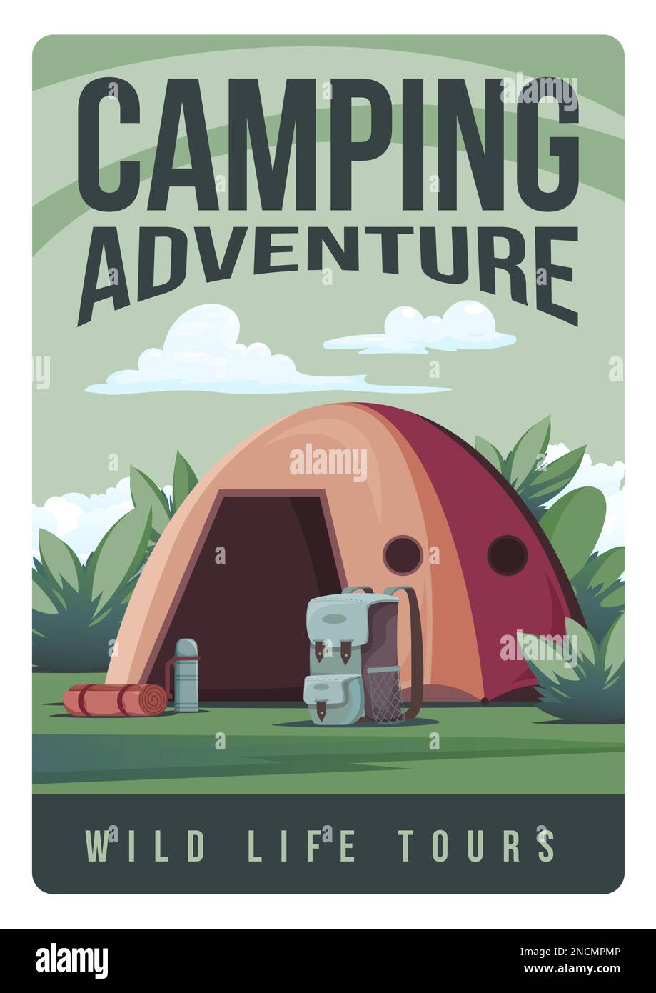 Camping Adventure poster con composizione verticale di testo e scenario all'aperto con tenda zaino e tappetino vettore illustrazione Illustrazione Vettoriale